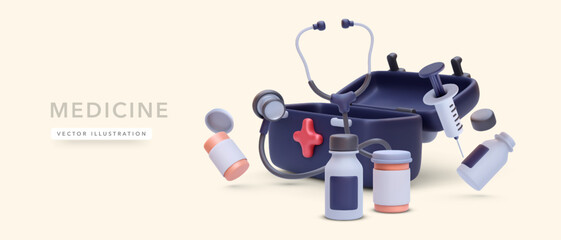 Open first aid kit with pill boxes, syringe, stethoscope in 3d realistic style. Vector illustration - obrazy, fototapety, plakaty