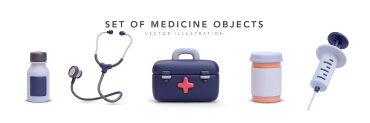 Set of 3d realistic medicine objects with shadow isolated on white background. Vector illustration © bs_k1d