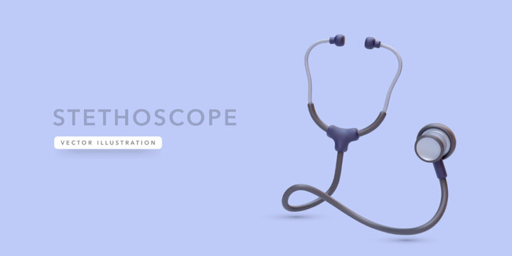 Medical stethoscope in 3d realistic style with shadow isolated on blue background. Vector illustration