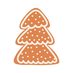 Christmas gingerbread cookie in cartoon style. Hand drawn vector illustration of winter holiday food, Christmas tree