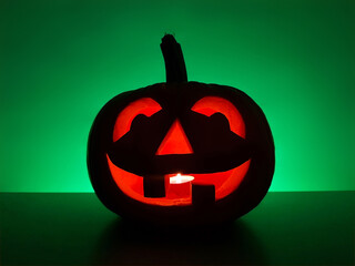 Halloween carved glowing pumpkin jack-o-lantern with candle inside stands on surface in dark night and blurred defocused background. The back wall highlighted in green. Spooky holiday concept.