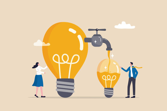 Sharing idea or knowledge sharing, transfer information or wisdom to employees or colleagues, creativity or innovation, learning new skills concept, business people transfer idea to new lightbulb.