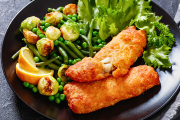 Crispy Beer Batter Cod Fish with green  vegetables