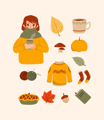 autumn hygge set in hand drawn style vector stock