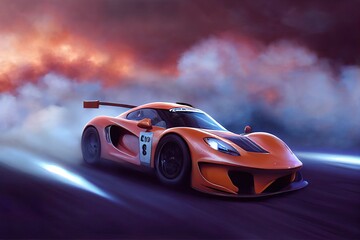 Plakat Modern sports car riding through the smoke, blurred motion. Beautiful illustration generated by Ai, is not based on any real image or character