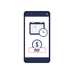 Easy credit payment with calendar on phone screen. Auto pay online with mobile phone  - digital device. Scheduled payment communication service concept. Flat design vector illustration.
