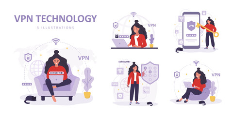 VPN technology collection. Women using virtual private network. Password security. Privacy data protection. Modern software for remote servers. Set of vector illustrations in flat cartoon style.