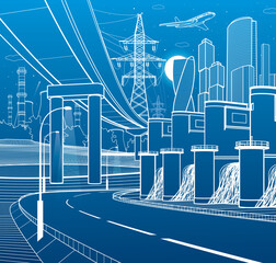 Hydroelectric power plant.Outline city illustration. Car overpass. Town Infrastructure and industry image. Urban scene. Vector design art. White lines on blue background