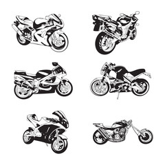 Retro motorcycle silhouette set with different angles. Hand drawn vector illustration