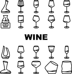 glass wine red wineglass drink icons set vector. alcohol, merlot, bar cup, cabernet bottle, transparent, liquid party, restaurant glass wine red wineglass drink black contour illustrations