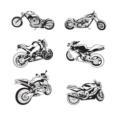 Retro motorcycle silhouette set with different angles. Hand drawn vector illustration