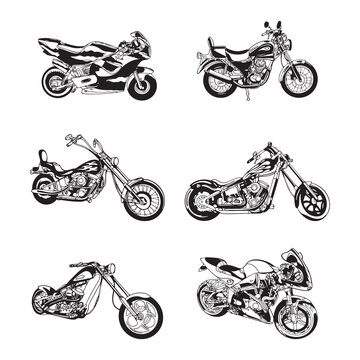 Retro motorcycle silhouette set with different angles. Hand drawn vector illustration
