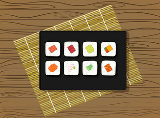 Sushi roll set in the heart shape on wooden table background. Food for Valentine's Day party and romantic date.