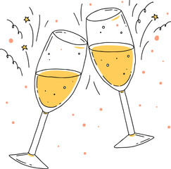 Two glasses of champagne on a white background, a toast. Christmas, anniversary or wedding celebration. Vector doodle hand drawn illustration.
