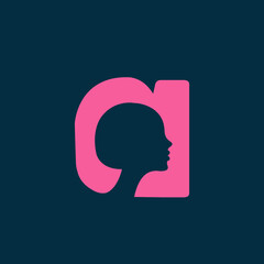 Letter a monogram logo.Typographic signature icon.Lowercase character.Lettering sign isolated on dark fund.Negative space portrait alphabet initial.Elegant style emblem.