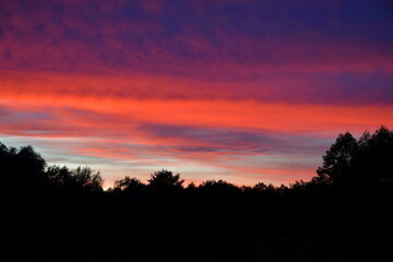 Close up on a dramatic sky in the afternoon with colorful clouds on the horizon spotted above a vast forest or moor in the middle of the summer seen on a Polish countryside from the top of a tall hill