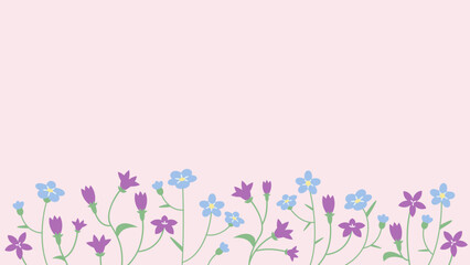 Banner with campanula and myosotis flowers. Beautiful design template in flat style.