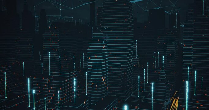 Concept Smart city and abstract line and dot connect with gradient line design, big data connection technology concept. dark data visualisation glowing city. plexus sky. 3d render