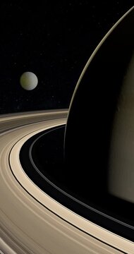 Satellite Rhea orbiting around Saturn planet. 4K Vertical
