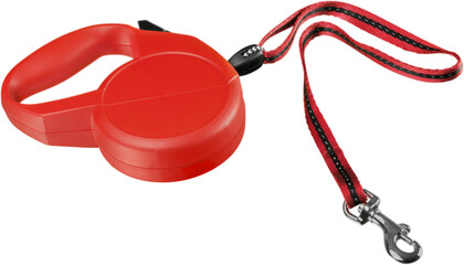 Red retractable leash for dog isolated on white background