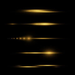 Vector illustration in golden color. Set of light effects. Flashes and glare. Bright beams of light. Glowing lines. 