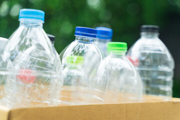 plastic bottle in paper box for concept recycling and reuse in the garden.