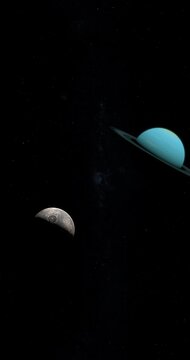 Satellite Umbriel orbiting around Uranus planet in the outer space. 4K Vertical