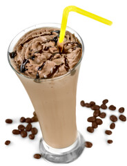 Glass of coffee latte on white wooden background