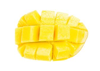 chopped half of ripe mango fruit isolated on white background