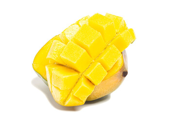 chopped half of ripe mango fruit isolated on white background
