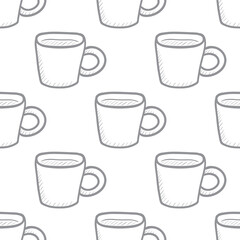 Seamless vintage pattern with cups of coffee or tea. Hand drawn vector illustration