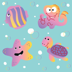 Cute sea animals collection. Fish, octopus, sea star and turtle on blue background. Vector illustration.