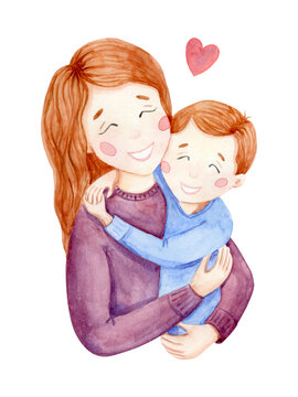 Mom and son watercolor illustration isolated on transparent background. Woman with boy. Mother and kid poster, card. Mother's day design. Family hugs print.