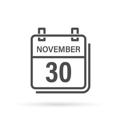 November 30, Calendar icon with shadow. Day, month. Flat vector illustration.