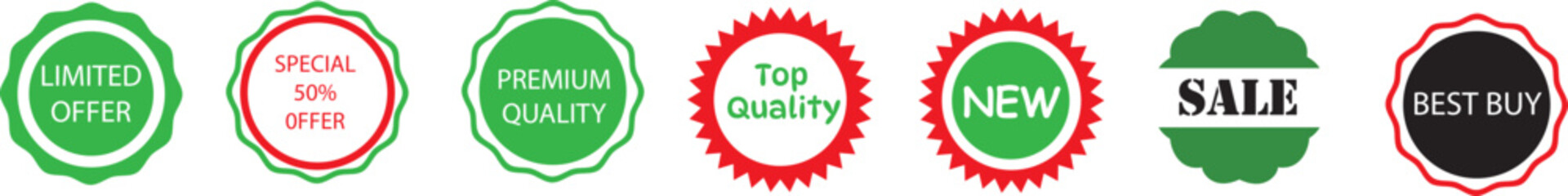 Set of Sale badges. Sale quality tags and labels. Template banner shopping badges. Special offer, sale, discount, shop, black friday. Vector illustration.


