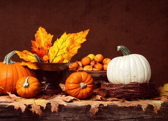 Naklejka na ściany i meble Happy Thanksgiving Day. Orange pumpkins, fruits and spices with copy space on wooden background. Yellow leaves autumn flat lay composition. Fall festive wallpaper. Halloween and turkey. 3D Rendering
