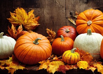 Happy Thanksgiving Day. Orange pumpkins, fruits and spices with copy space on wooden background. Yellow leaves autumn flat lay composition. Fall festive wallpaper. Halloween and turkey. 3D Rendering