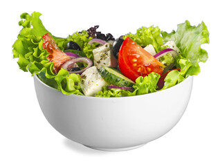 Fresh tasty vegetable salad in bowl on white background