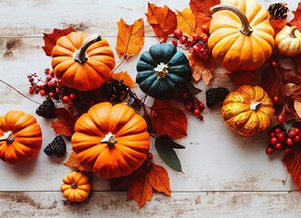 Happy Thanksgiving Day. Orange pumpkins, fruits and spices with copy space on wooden background. Yellow leaves autumn flat lay composition. Fall festive wallpaper. Halloween and turkey. 3D Rendering