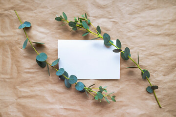 Naklejka na ściany i meble An empty sheet of paper for the text is framed by eucalyptus branches on a craft background