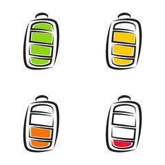 Vector battery icon with indicator with different charge. Hand drawn battery isolated on white background.