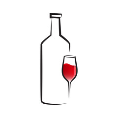 Wine glass vector icon with red wine and bottle. Glass hand drawn.