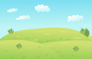 Vector cartoon meadow landscape with grass. Blue sky with white clouds. Flat valley landscape. Empty field on sunny summer day. Green hills landscape background, empty glade template.