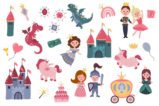 Set of illustrations with princesses, prince, knight, castles, unicorns, rainbows, dragons, carriage. Hand-drawn illustration. Vector.