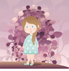 Pretty little girl in a blue dress in a magic forest flowers
