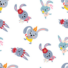Seamless pattern with cute rabbits. Hand drawn style. Design for fabric, textile, wallpaper, packaging.