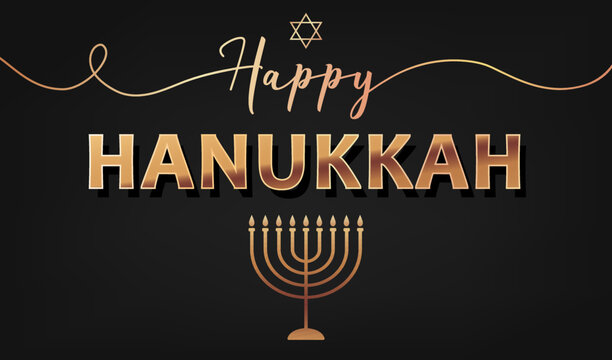 Celebration illustration with golden text Happy Hanukkah, chandelier and star of David on the black background for Hanukkah Jewish holiday. Luxury banner, wallpaper, card or poster.