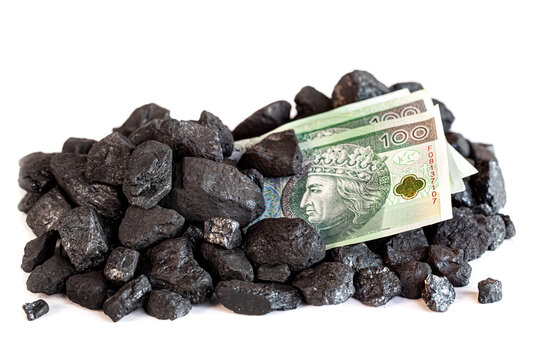 Polish banknote covered in coal. Energy crisis in Poland