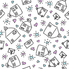 Seamless pattern with hearts and envelopes. Doodle illustration.