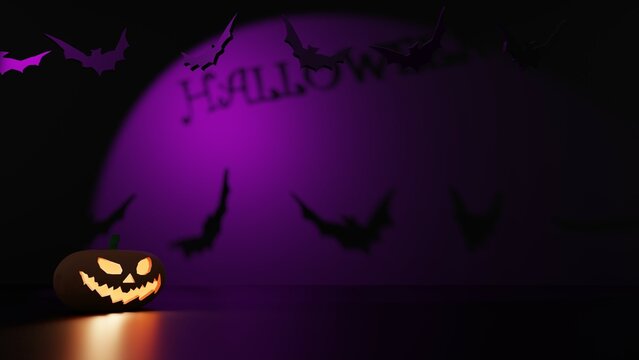 Halloween pumpkin smile and scary eyes for parties lined up and lit by scary eyes and mouth, background with branches shadows and flying bats, black background,3d render